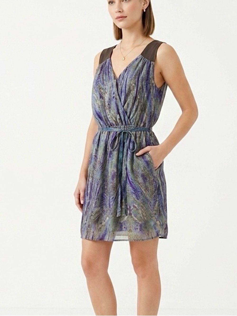 Charlie Jade 100% Silk Peacock Print Mini Dress M String Belt Gray Purple V-neck